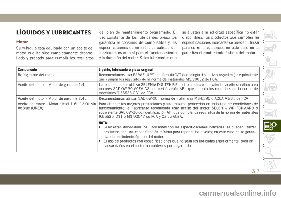 JEEP COMPASS 2019  Manual de Empleo y Cuidado (in Spanish) LÍQUIDOS Y LUBRICANTES
Motor
Su vehículo está equipado con un aceite del
motor que ha sido completamente desarro-
llado y probado para cumplir los requisitosdel plan de mantenimiento programado. El