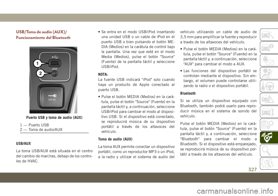 JEEP COMPASS 2019  Manual de Empleo y Cuidado (in Spanish) USB/Toma de audio (AUX)/
Funcionamiento del Bluetooth
USB/AUX
La toma USB/AUX está situada en el centro
del cambio de marchas, debajo de los contro-
les de HVAC.• Se entra en el modo USB/iPod inser