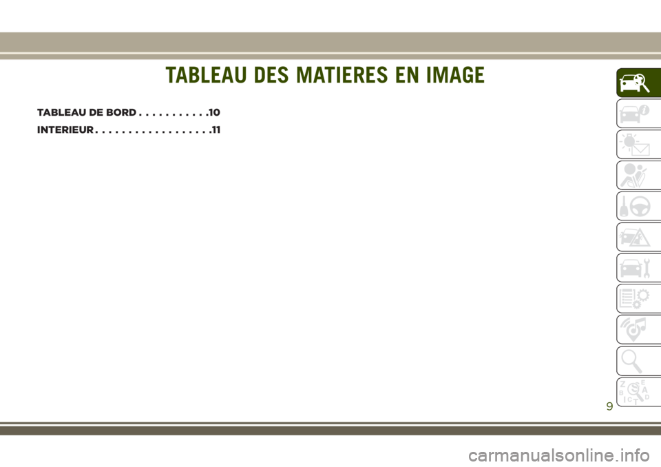 JEEP COMPASS 2018  Notice dentretien (in French) TABLEAU DES MATIERES EN IMAGE
TABLEAU DE BORD...........10
INTERIEUR..................11
TABLEAU DES MATIERES EN IMAGE
9 