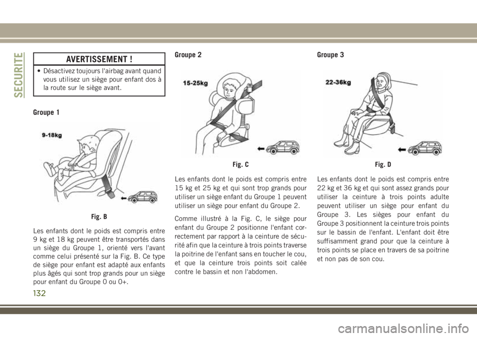 JEEP COMPASS 2018 Notice dentretien (in French) AVERTISSEMENT !
• Désactivez toujours l'airbag avant quand
vous utilisez un siège pour enfant dos à
la route sur le siège avant.
Groupe 1
Les enfants dont le poids est compris entre
9 kg et JEEP COMPASS 2018 Notice dentretien (in French) AVERTISSEMENT !
• Désactivez toujours l'airbag avant quand
vous utilisez un siège pour enfant dos à
la route sur le siège avant.
Groupe 1
Les enfants dont le poids est compris entre
9 kg et