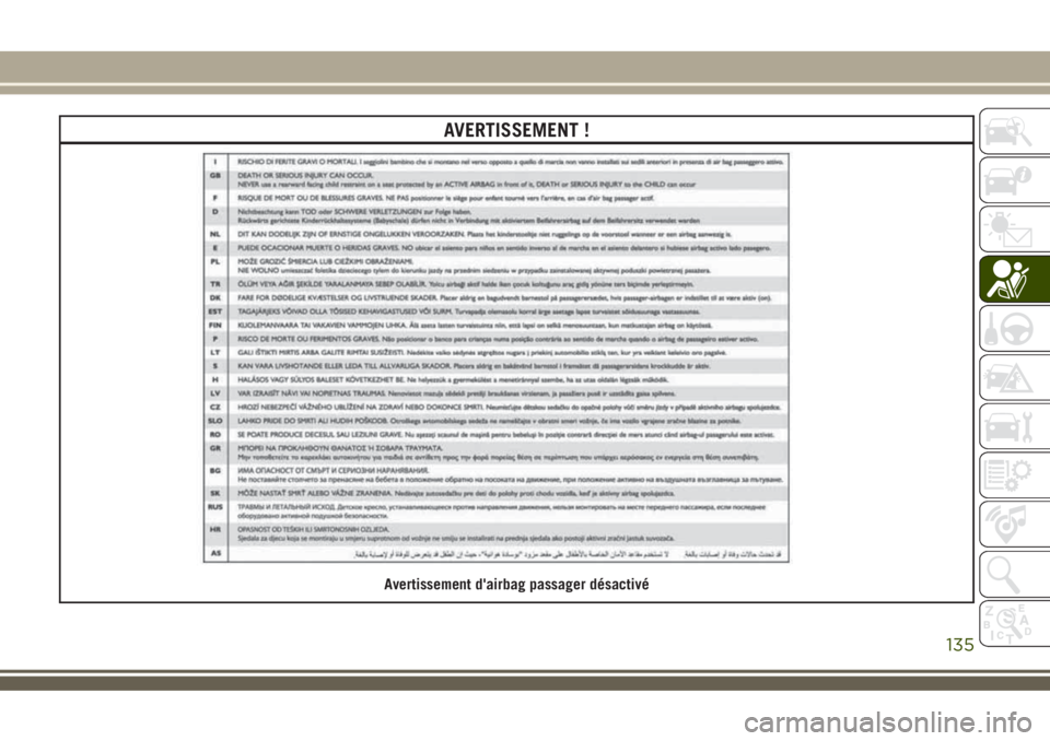 JEEP COMPASS 2018  Notice dentretien (in French) AVERTISSEMENT !
Avertissement d'airbag passager désactivé
135 