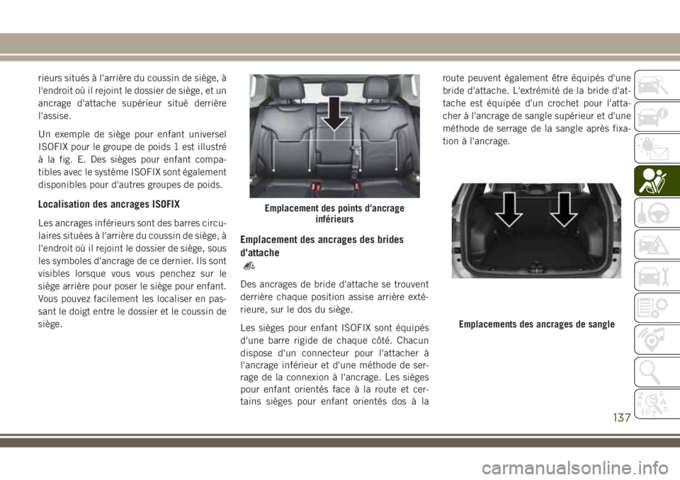JEEP COMPASS 2018 Notice dentretien (in French) rieurs situés à l'arrière du coussin de siège, à
l'endroit où il rejoint le dossier de siège, et un
ancrage d'attache supérieur situé derrière
l'assise.
Un exemple de siège JEEP COMPASS 2018 Notice dentretien (in French) rieurs situés à l'arrière du coussin de siège, à
l'endroit où il rejoint le dossier de siège, et un
ancrage d'attache supérieur situé derrière
l'assise.
Un exemple de siège