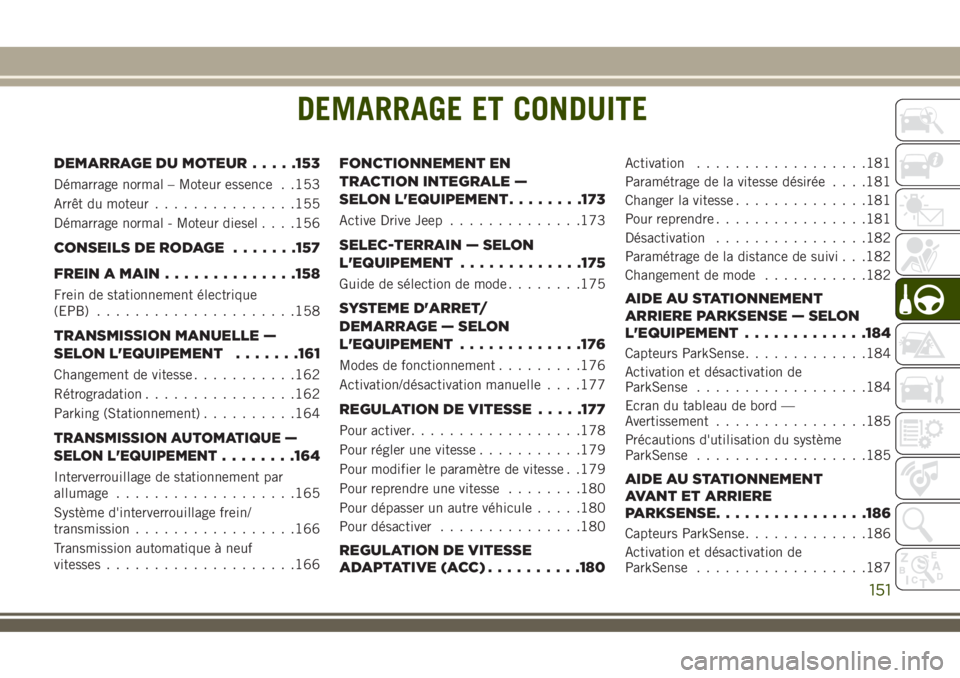 JEEP COMPASS 2018  Notice dentretien (in French) DEMARRAGE ET CONDUITE
DEMARRAGE DU MOTEUR.....153
Démarrage normal – Moteur essence . .153
Arrêt du moteur...............155
Démarrage normal - Moteur diesel. . . .156
CONSEILS DE RODAGE.......15