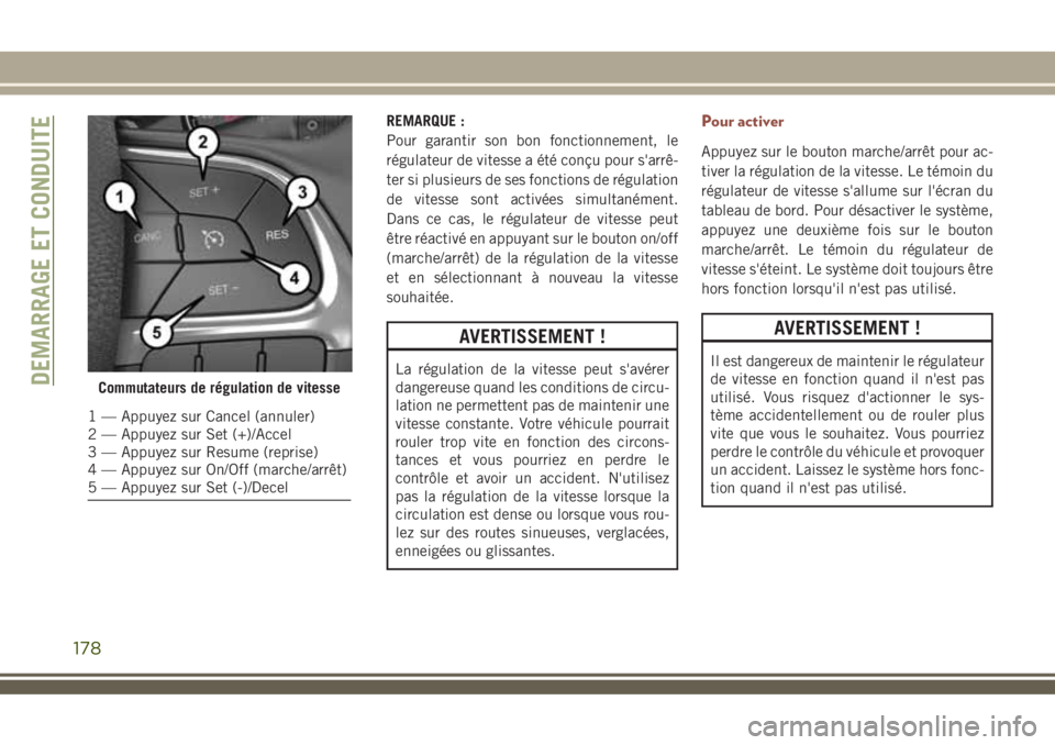 JEEP COMPASS 2018 Notice dentretien (in French) REMARQUE :
Pour garantir son bon fonctionnement, le
régulateur de vitesse a été conçu pour s'arrê-
ter si plusieurs de ses fonctions de régulation
de vitesse sont activées simultanément.
D JEEP COMPASS 2018 Notice dentretien (in French) REMARQUE :
Pour garantir son bon fonctionnement, le
régulateur de vitesse a été conçu pour s'arrê-
ter si plusieurs de ses fonctions de régulation
de vitesse sont activées simultanément.
D
