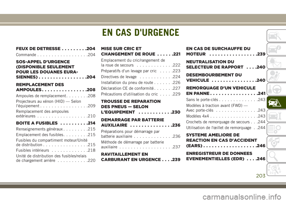 JEEP COMPASS 2018  Notice dentretien (in French) EN CAS D'URGENCE
FEUX DE DETRESSE.........204
Commande..................204
SOS-APPEL D'URGENCE
(DISPONIBLE SEULEMENT
POUR LES DOUANES EURA-
SIENNES).................204
REMPLACEMENT DES
AMPOU