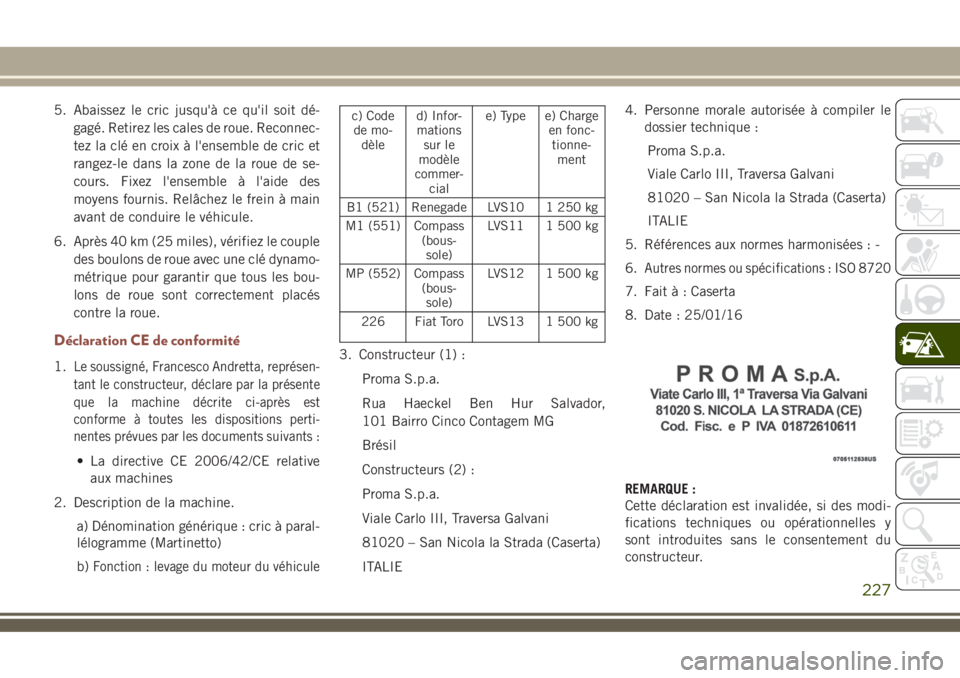 JEEP COMPASS 2018  Notice dentretien (in French) 5. Abaissez le cric jusqu'à ce qu'il soit dé-
gagé. Retirez les cales de roue. Reconnec-
tez la clé en croix à l'ensemble de cric et
rangez-le dans la zone de la roue de se-
cours. Fi