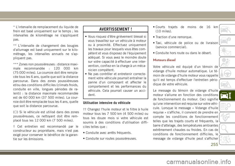 JEEP COMPASS 2018  Notice dentretien (in French) * L'intervalle de remplacement du liquide de
frein est basé uniquement sur le temps ; les
intervalles de kilométrage ne s'appliquent
pas.
** L'intervalle de changement des bougies
d'