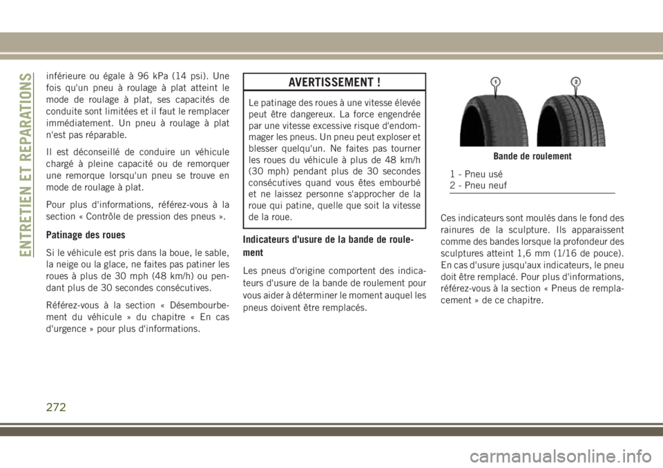 JEEP COMPASS 2018  Notice dentretien (in French) inférieure ou égale à 96 kPa (14 psi). Une
fois qu'un pneu à roulage à plat atteint le
mode de roulage à plat, ses capacités de
conduite sont limitées et il faut le remplacer
immédiatemen