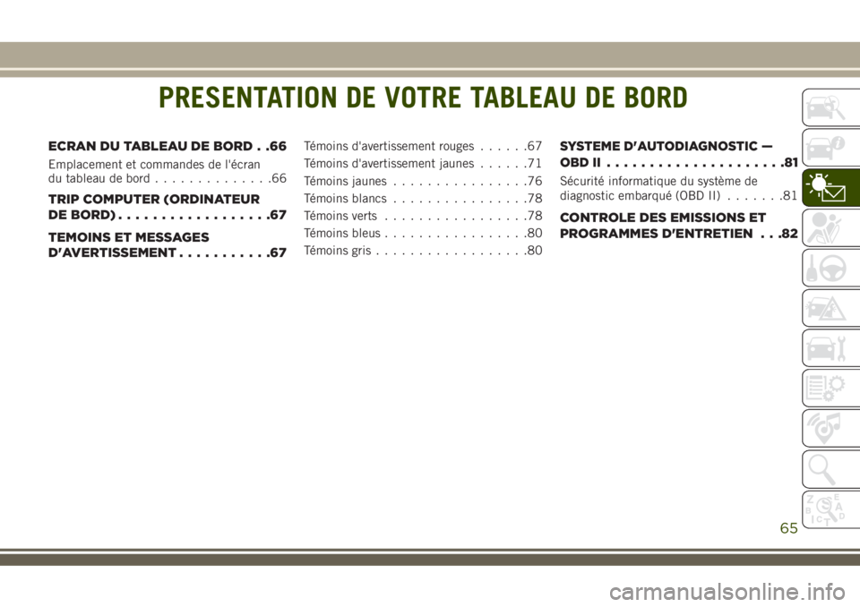 JEEP COMPASS 2018  Notice dentretien (in French) PRESENTATION DE VOTRE TABLEAU DE BORD
ECRAN DU TABLEAU DE BORD . .66
Emplacement et commandes de l'écran
du tableau de bord..............66
TRIP COMPUTER (ORDINATEUR
DE BORD)..................67
