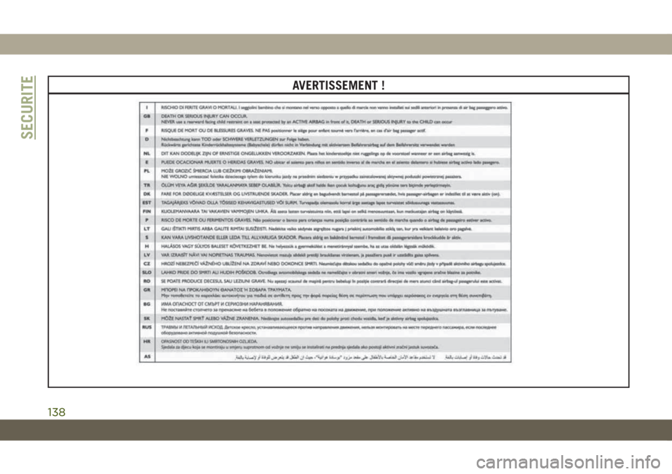 JEEP COMPASS 2019  Notice dentretien (in French) AVERTISSEMENT !
SECURITE
138 