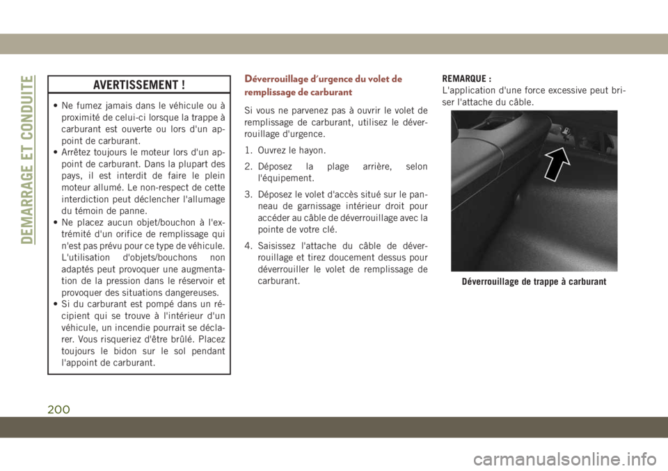 JEEP COMPASS 2019  Notice dentretien (in French) AVERTISSEMENT !
• Ne fumez jamais dans le véhicule ou à
proximité de celui-ci lorsque la trappe à
carburant est ouverte ou lors d'un ap-
point de carburant.
• Arrêtez toujours le moteur l