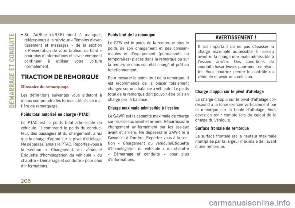 JEEP COMPASS 2019  Notice dentretien (in French) • Si l'AdBlue (UREE) vient à manquer,
référez-vous à la rubrique « Témoins d'aver-
tissement et messages » de la section
« Présentation de votre tableau de bord »
pour plus d'i
