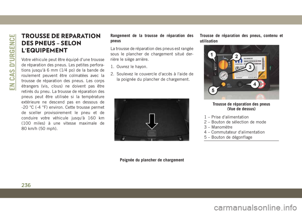 JEEP COMPASS 2019  Notice dentretien (in French) TROUSSE DE REPARATION
DES PNEUS – SELON
L'EQUIPEMENT
Votre véhicule peut être équipé d'une trousse
de réparation des pneus. Les petites perfora-
tions jusqu'à 6 mm (1/4 po) de la b