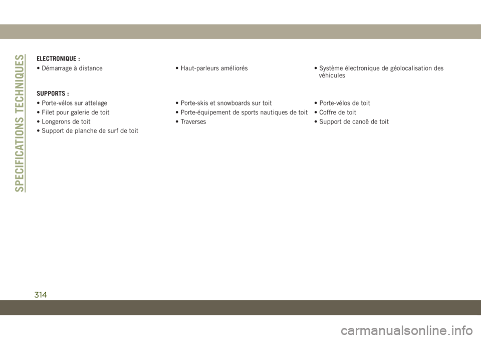 JEEP COMPASS 2019  Notice dentretien (in French) ELECTRONIQUE :
• Démarrage à distance • Haut-parleurs améliorés • Système électronique de géolocalisation des
véhicules
SUPPORTS :
• Porte-vélos sur attelage • Porte-skis et snowboa