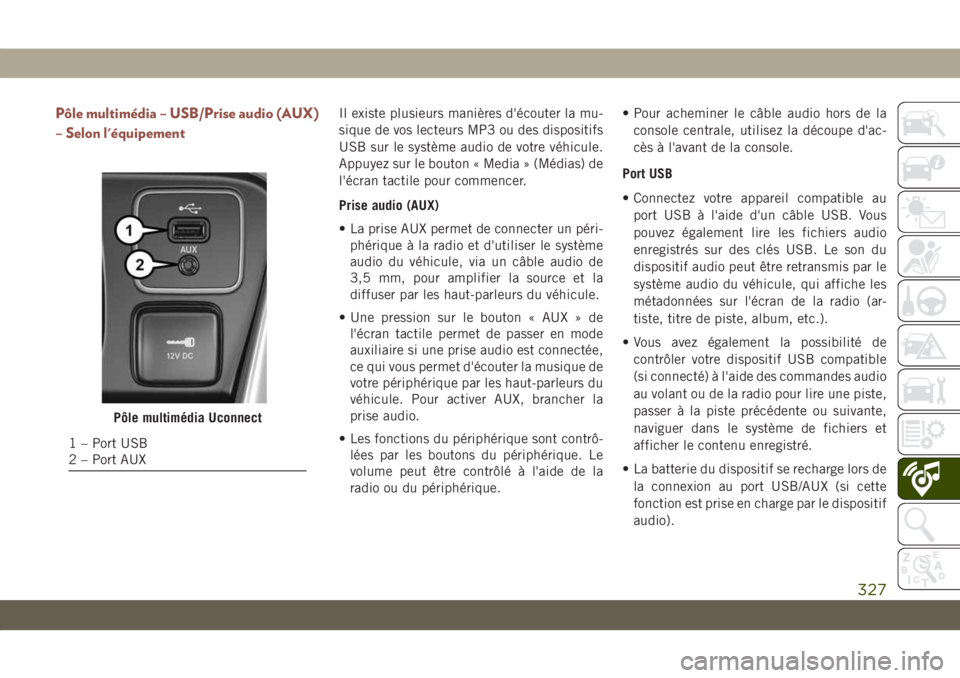 JEEP COMPASS 2019  Notice dentretien (in French) Pôle multimédia – USB/Prise audio (AUX)
– Selon l'équipementIl existe plusieurs manières d'écouter la mu-
sique de vos lecteurs MP3 ou des dispositifs
USB sur le système audio de vot