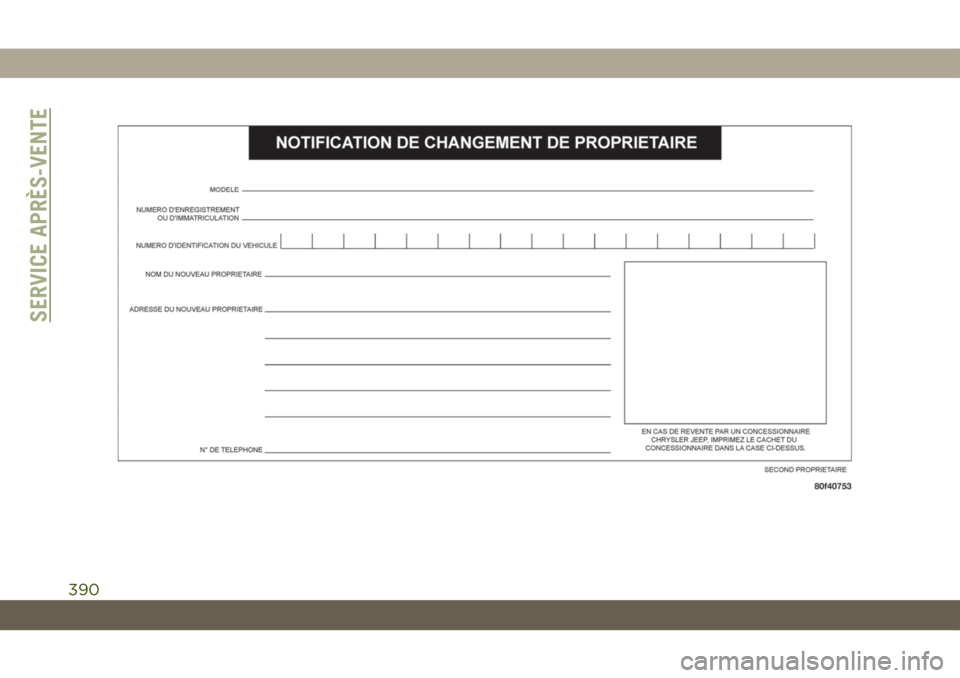 JEEP COMPASS 2019  Notice dentretien (in French) SERVICE APRÈS-VENTE
390 