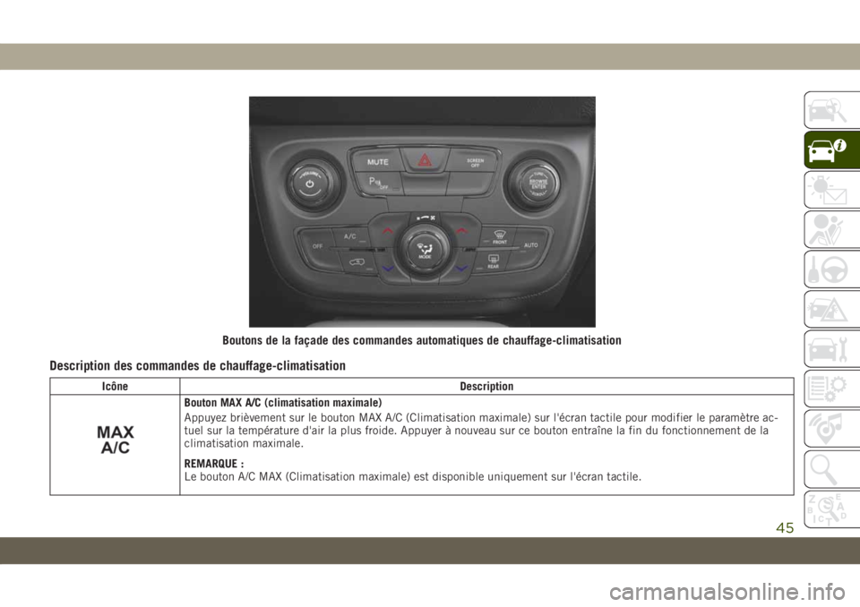 JEEP COMPASS 2019  Notice dentretien (in French) Description des commandes de chauffage-climatisation
Icône Description
Bouton MAX A/C (climatisation maximale)
Appuyez brièvement sur le bouton MAX A/C (Climatisation maximale) sur l'écran tact