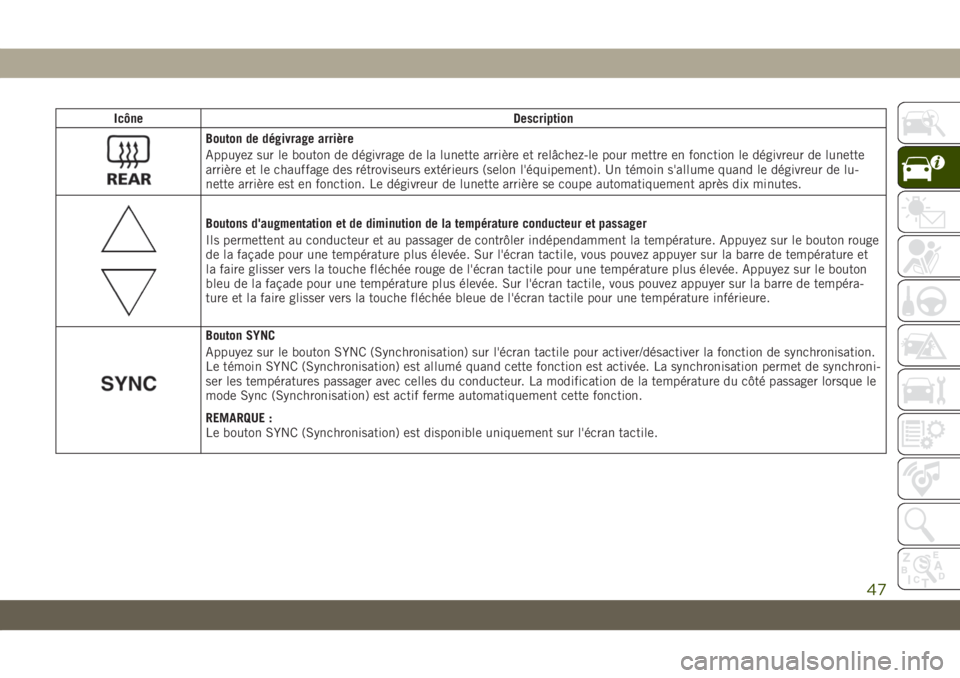 JEEP COMPASS 2019  Notice dentretien (in French) Icône Description
Bouton de dégivrage arrière
Appuyez sur le bouton de dégivrage de la lunette arrière et relâchez-le pour mettre en fonction le dégivreur de lunette
arrière et le chauffage de