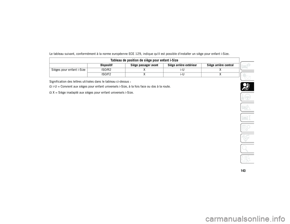 JEEP COMPASS 2020  Notice dentretien (in French) 143
Le tableau suivant, conformément à la norme européenne ECE 129, indique qu'il est possible d'installer un siège pour enfant i-Size.
Signification des lettres utilisées dans le tableau