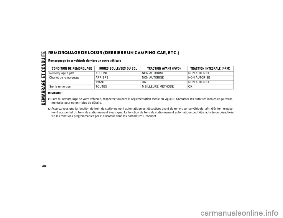 JEEP COMPASS 2020  Notice dentretien (in French) DEMARRAGE ET CONDUITE
204
REMORQUAGE DE LOISIR (DERRIERE UN CAMPING-CAR, ETC.) 
Remorquage de ce véhicule derrière un autre véhicule
REMARQUE:
Lors du remorquage de votre véhicule, respectez to