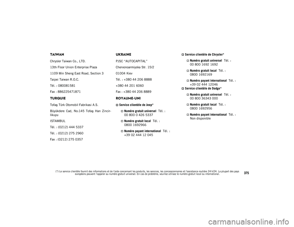 JEEP COMPASS 2020 Notice dentretien (in French)
(*) Le service clientèle fournit des informations et de l'aide concernant les produits, les services, les concessionnaires et l'assistance routière 24 h/24. La plupart des pays européens p JEEP COMPASS 2020 Notice dentretien (in French)
(*) Le service clientèle fournit des informations et de l'aide concernant les produits, les services, les concessionnaires et l'assistance routière 24 h/24. La plupart des pays européens p