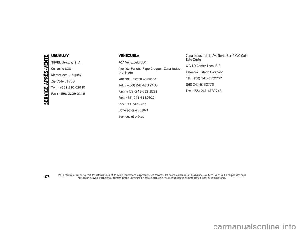 JEEP COMPASS 2020  Notice dentretien (in French) SERVICE APRÈS-VENTE

(*) Le service clientèle fournit des informations et de l'aide concernant les produits, les services, les concessionnaires et l'assistance routière 24 h/24. La plupart 