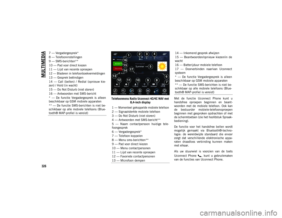 JEEP COMPASS 2020  Instructieboek (in Dutch) MULTIMEDIA
326
Telefoonmenu Radio Uconnect 4C/4C NAV met 8,4-inch display Met  de  functie  Uconnect  Phone  kunt  u
handsfree  oproepen  beginnen  en  beant
-
woorden  met  de  mobiele  telefoon.  Oo