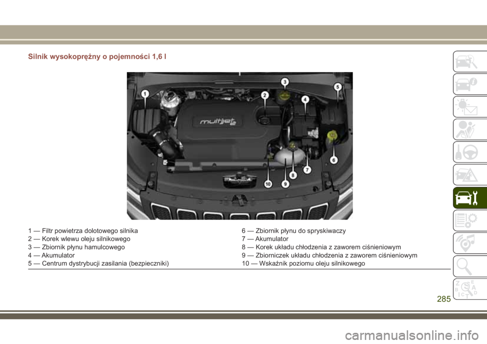JEEP COMPASS 2018  Instrukcja obsługi (in Polish) Silnik wysokoprężny o pojemności 1,6 l
1 — Filtr powietrza dolotowego silnika 6 — Zbiornik płynu do spryskiwaczy
2 — Korek wlewu oleju silnikowego 7 — Akumulator
3 — Zbiornik płynu hamu