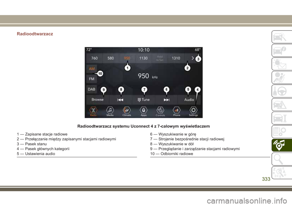 JEEP COMPASS 2018  Instrukcja obsługi (in Polish) Radioodtwarzacz
Radioodtwarzacz systemu Uconnect 4 z 7-calowym wyświetlaczem
1 — Zapisane stacje radiowe
2 — Przełączanie między zapisanymi stacjami radiowymi
3 — Pasek stanu
4 — Pasek gł