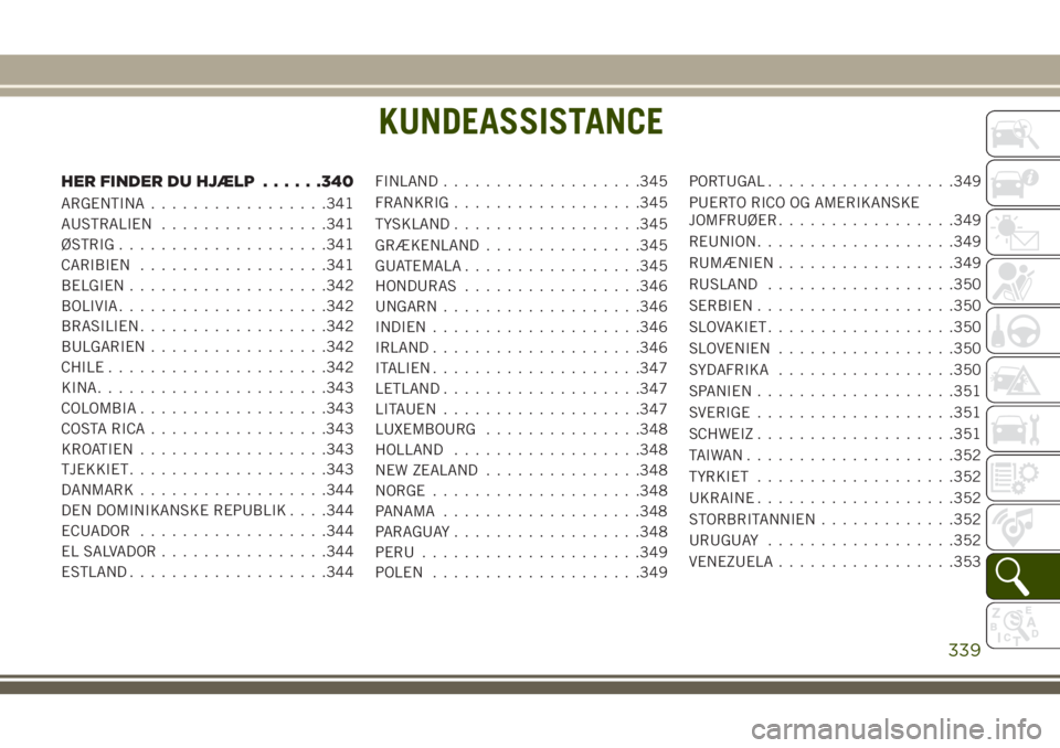JEEP COMPASS 2018 Brugs- og vedligeholdelsesvejledning (in Danish) KUNDEASSISTANCE
HER FINDER DU HJÆLP......340
ARGENTINA.................341
AUSTRALIEN................341
ØSTRIG....................341
CARIBIEN..................341
BELGIEN...................342
BOL JEEP COMPASS 2018 Brugs- og vedligeholdelsesvejledning (in Danish) KUNDEASSISTANCE
HER FINDER DU HJÆLP......340
ARGENTINA.................341
AUSTRALIEN................341
ØSTRIG....................341
CARIBIEN..................341
BELGIEN...................342
BOL