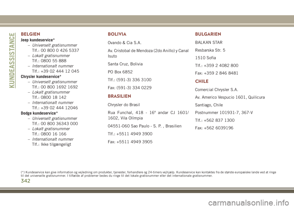 JEEP COMPASS 2018  Brugs- og vedligeholdelsesvejledning (in Danish) BELGIEN
Jeep kundeservice*
–Universelt gratisnummer
Tlf.: 00 800 0 426 5337
–Lokalt gratisnummer
Tlf.: 0800 55 888
–Internationalt nummer
Tlf.: +39 02 444 12 045
Chrysler kundeservice*
–Univer