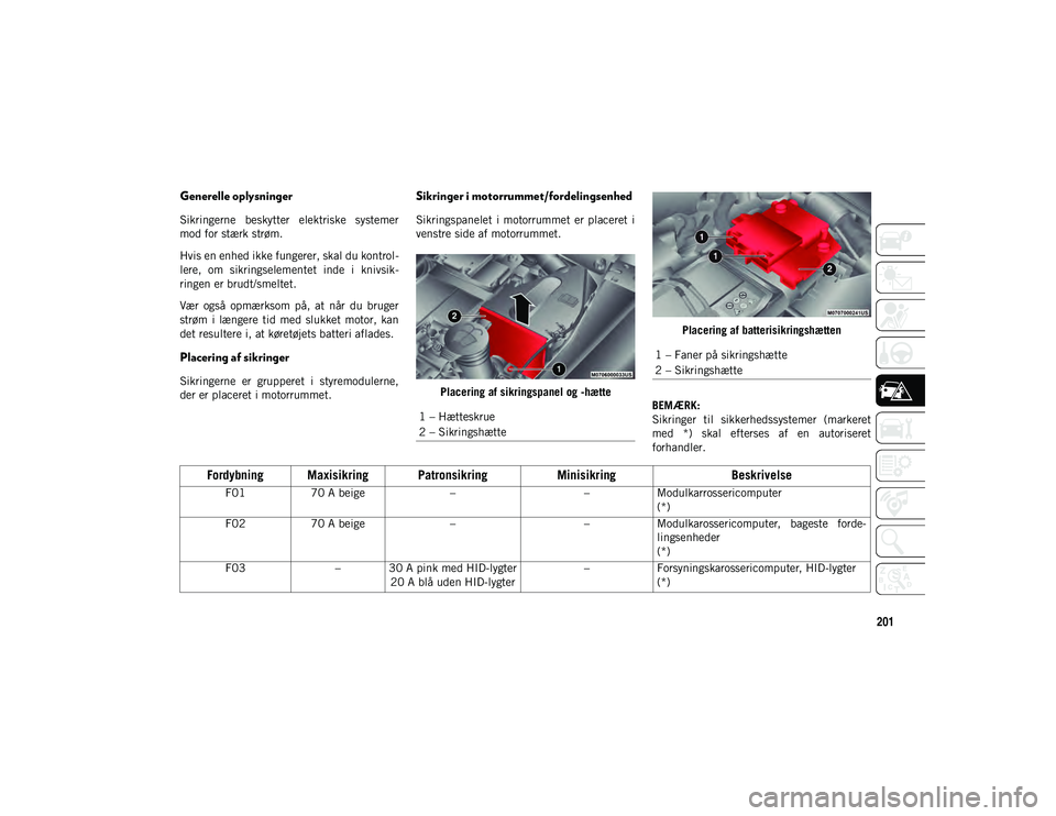 JEEP COMPASS 2020  Brugs- og vedligeholdelsesvejledning (in Danish) 201
Generelle oplysninger
Sikringerne  beskytter  elektriske  systemer
mod for stærk strøm.
Hvis en enhed ikke fungerer, skal du kontrol-
lere,  om  sikringselementet  inde  i  knivsik -
ringen er b