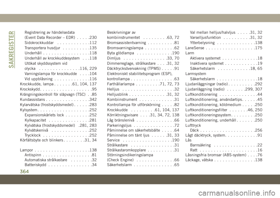 JEEP COMPASS 2019 Drift- och underhållshandbok (in Swedish) Registrering av händelsedata
(Event Data Recorder – EDR).....230
Sidokrockkuddar............112
Transportera husdjur..........135
Underhåll.................118
Underhåll av krockkuddesystem . . . JEEP COMPASS 2019 Drift- och underhållshandbok (in Swedish) Registrering av händelsedata
(Event Data Recorder – EDR).....230
Sidokrockkuddar............112
Transportera husdjur..........135
Underhåll.................118
Underhåll av krockkuddesystem . . .
