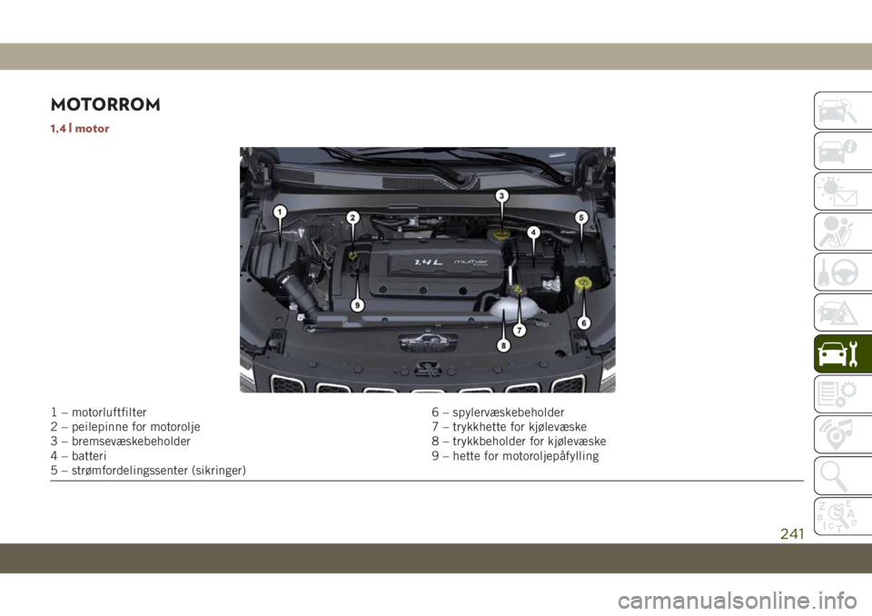 JEEP COMPASS 2019  Drift- og vedlikeholdshåndbok (in Norwegian) MOTORROM
1,4 l motor
1 – motorluftfilter 6 – spylervæskebeholder
2 – peilepinne for motorolje 7 – trykkhette for kjølevæske
3 – bremsevæskebeholder 8 – trykkbeholder for kjølevæske
4