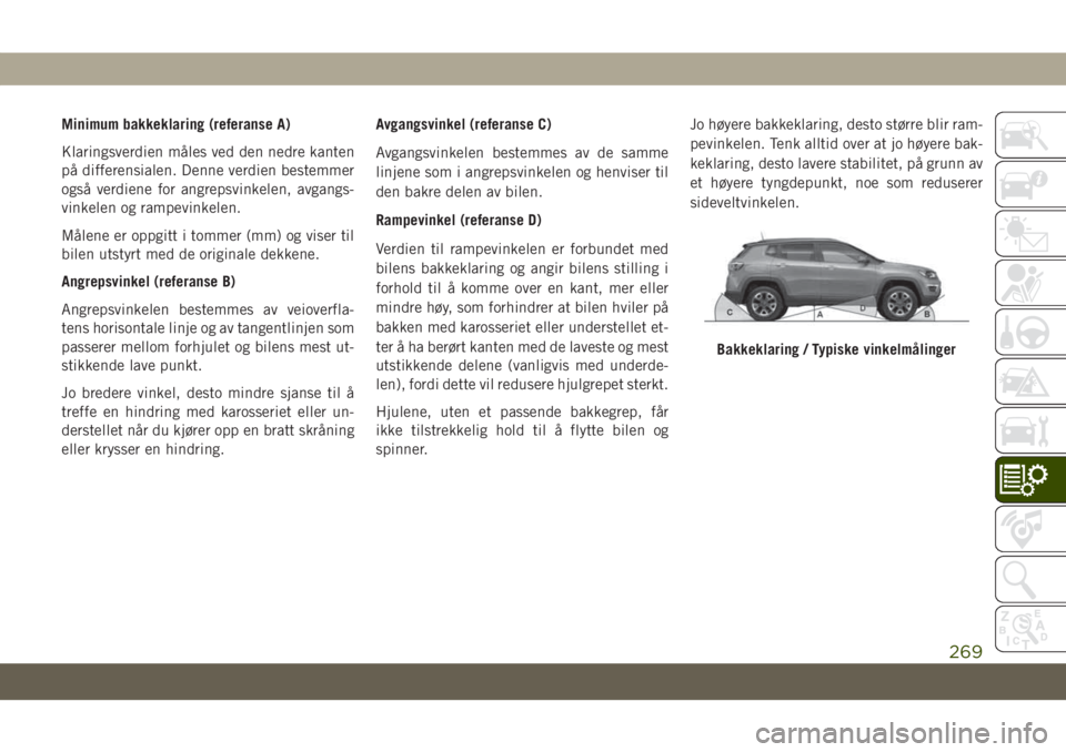 JEEP COMPASS 2019 Drift- og vedlikeholdshåndbok (in Norwegian) Minimum bakkeklaring (referanse A)
Klaringsverdien måles ved den nedre kanten
på differensialen. Denne verdien bestemmer
også verdiene for angrepsvinkelen, avgangs-
vinkelen og rampevinkelen.
Måle JEEP COMPASS 2019 Drift- og vedlikeholdshåndbok (in Norwegian) Minimum bakkeklaring (referanse A)
Klaringsverdien måles ved den nedre kanten
på differensialen. Denne verdien bestemmer
også verdiene for angrepsvinkelen, avgangs-
vinkelen og rampevinkelen.
Måle