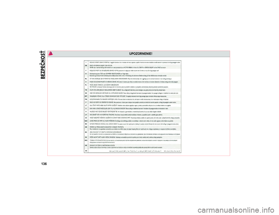 JEEP COMPASS 2020  Návod na použitie a údržbu (in Slovakian) 
BEZPEČNOSŤ

136

 UPOZORNENIE!

20_MP_UG_SL_EU_t.book  Page 136   