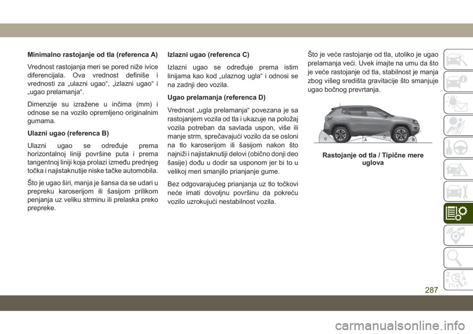 JEEP COMPASS 2019  Knjižica za upotrebu i održavanje (in Serbian) Minimalno rastojanje od tla (referenca A)
Vrednost rastojanja meri se pored niže ivice
diferencijala. Ova vrednost definiše i
vrednosti za „ulazni ugao“, „izlazni ugao“ i
„ugao prelamanja