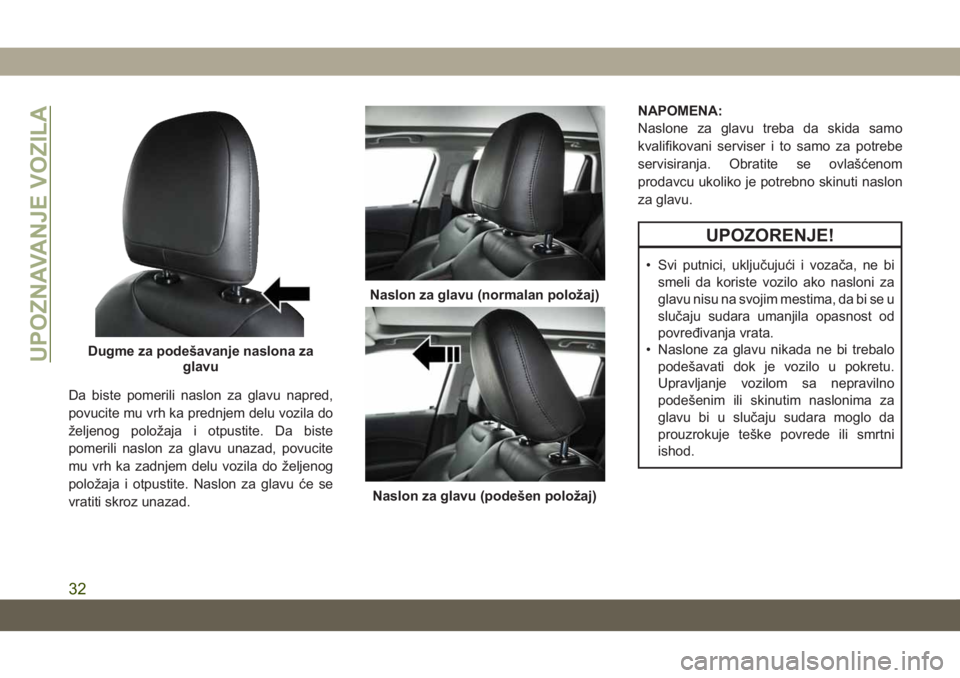 JEEP COMPASS 2019 Knjižica za upotrebu i održavanje (in Serbian) Da biste pomerili naslon za glavu napred,
povucite mu vrh ka prednjem delu vozila do
željenog položaja i otpustite. Da biste
pomerili naslon za glavu unazad, povucite
mu vrh ka zadnjem delu vozila d JEEP COMPASS 2019 Knjižica za upotrebu i održavanje (in Serbian) Da biste pomerili naslon za glavu napred,
povucite mu vrh ka prednjem delu vozila do
željenog položaja i otpustite. Da biste
pomerili naslon za glavu unazad, povucite
mu vrh ka zadnjem delu vozila d