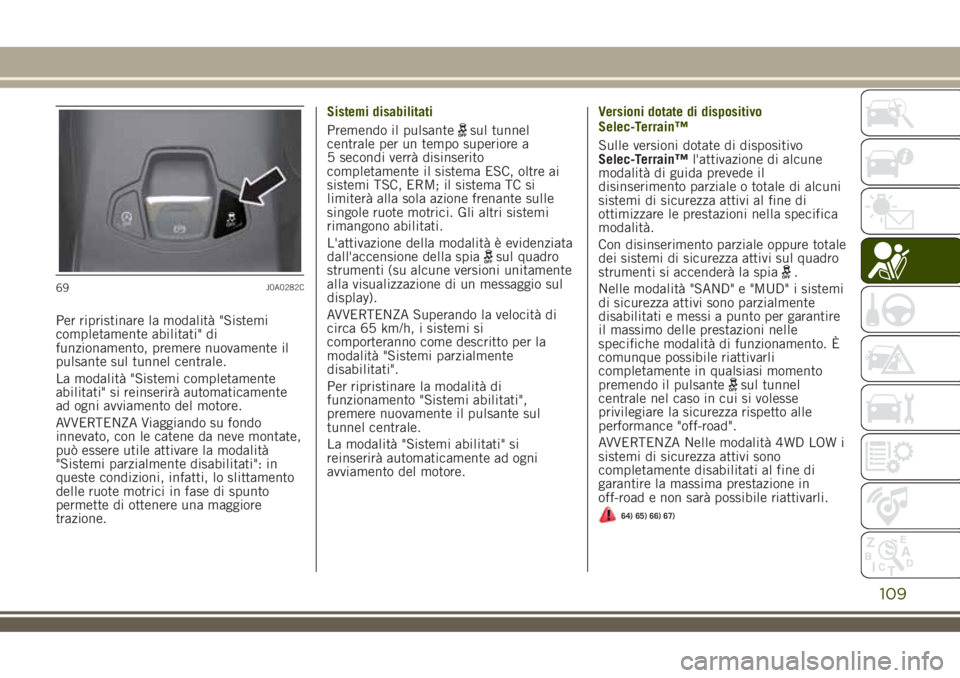 JEEP RENEGADE 2018 Libretto Uso Manutenzione (in Italian) Per ripristinare la modalità "Sistemi
completamente abilitati" di
funzionamento, premere nuovamente il
pulsante sul tunnel centrale.
La modalità "Sistemi completamente
abilitati" si JEEP RENEGADE 2018 Libretto Uso Manutenzione (in Italian) Per ripristinare la modalità "Sistemi
completamente abilitati" di
funzionamento, premere nuovamente il
pulsante sul tunnel centrale.
La modalità "Sistemi completamente
abilitati" si