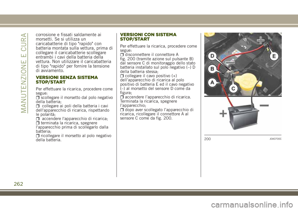 JEEP RENEGADE 2018 Libretto Uso Manutenzione (in Italian) corrosione e fissati saldamente ai
morsetti. Se si utilizza un
caricabatterie di tipo "rapido" con
batteria montata sulla vettura, prima di
collegare il caricabatterie scollegare
entrambi i ca JEEP RENEGADE 2018 Libretto Uso Manutenzione (in Italian) corrosione e fissati saldamente ai
morsetti. Se si utilizza un
caricabatterie di tipo "rapido" con
batteria montata sulla vettura, prima di
collegare il caricabatterie scollegare
entrambi i ca