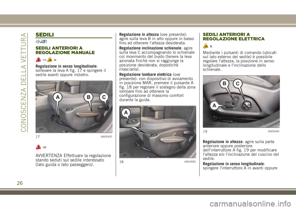 JEEP RENEGADE 2018 Libretto Uso Manutenzione (in Italian) SEDILI
SEDILI ANTERIORI A
REGOLAZIONE MANUALE
11)4)
Regolazione in senso longitudinale:
sollevare la leva A fig. 17 e spingere il
sedile avanti oppure indietro.
12)
AVVERTENZA Effettuare la regolazion JEEP RENEGADE 2018 Libretto Uso Manutenzione (in Italian) SEDILI
SEDILI ANTERIORI A
REGOLAZIONE MANUALE
11)4)
Regolazione in senso longitudinale:
sollevare la leva A fig. 17 e spingere il
sedile avanti oppure indietro.
12)
AVVERTENZA Effettuare la regolazion