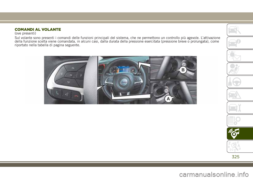 JEEP RENEGADE 2018  Libretto Uso Manutenzione (in Italian) COMANDI AL VOLANTE(ove presenti)
Sul volante sono presenti i comandi delle funzioni principali del sistema, che ne permettono un controllo più agevole. L’attivazione
della funzione scelta viene com