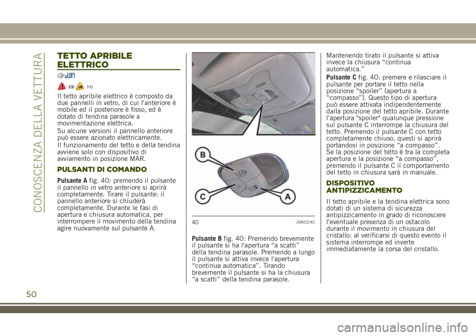 JEEP RENEGADE 2018 Libretto Uso Manutenzione (in Italian) TETTO APRIBILE
ELETTRICO
23)11)
Il tetto apribile elettrico è composto da
due pannelli in vetro, di cui l'anteriore è
mobile ed il posteriore è fisso, ed è
dotato di tendina parasole a
movimen JEEP RENEGADE 2018 Libretto Uso Manutenzione (in Italian) TETTO APRIBILE
ELETTRICO
23)11)
Il tetto apribile elettrico è composto da
due pannelli in vetro, di cui l'anteriore è
mobile ed il posteriore è fisso, ed è
dotato di tendina parasole a
movimen