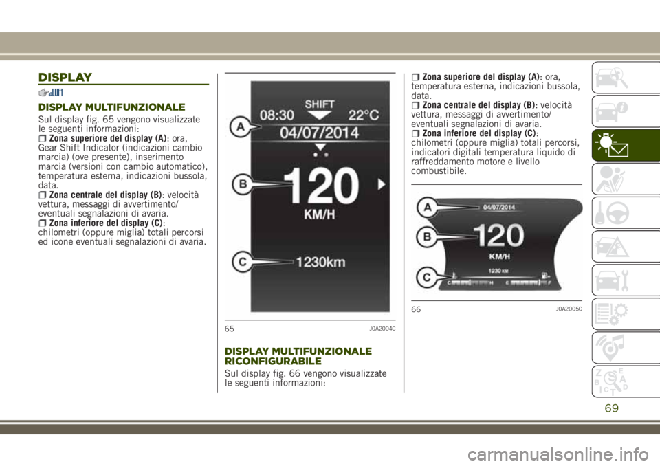 JEEP RENEGADE 2018 Libretto Uso Manutenzione (in Italian) DISPLAY
DISPLAY MULTIFUNZIONALE
Sul display fig. 65 vengono visualizzate
le seguenti informazioni:
Zona superiore del display (A): ora,
Gear Shift Indicator (indicazioni cambio
marcia) (ove presente), JEEP RENEGADE 2018 Libretto Uso Manutenzione (in Italian) DISPLAY
DISPLAY MULTIFUNZIONALE
Sul display fig. 65 vengono visualizzate
le seguenti informazioni:
Zona superiore del display (A): ora,
Gear Shift Indicator (indicazioni cambio
marcia) (ove presente),