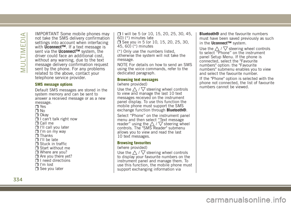JEEP RENEGADE 2018  Owner handbook (in English) IMPORTANT Some mobile phones may
not take the SMS delivery confirmation
settings into account when interfacing
withUconnect™. If a text message is
sent via theUconnect™system, the
driver could fac