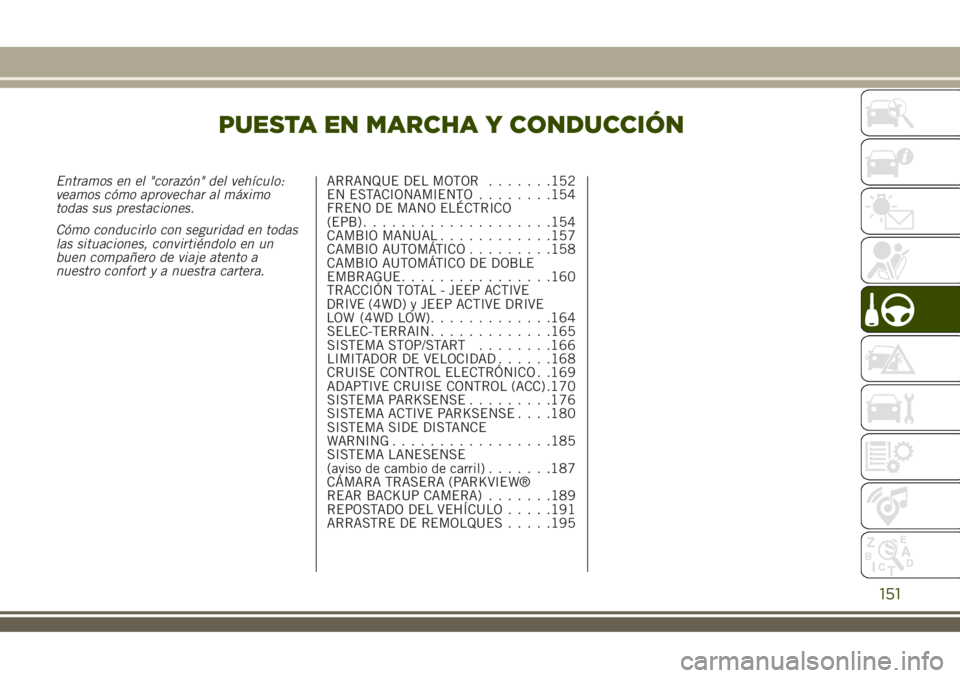 JEEP RENEGADE 2018 Manual de Empleo y Cuidado (in Spanish) PUESTA EN MARCHA Y CONDUCCIÓN
Entramos en el "corazón" del vehículo:
veamos cómo aprovechar al máximo
todas sus prestaciones.
Cómo conducirlo con seguridad en todas
las situaciones, conv JEEP RENEGADE 2018 Manual de Empleo y Cuidado (in Spanish) PUESTA EN MARCHA Y CONDUCCIÓN
Entramos en el "corazón" del vehículo:
veamos cómo aprovechar al máximo
todas sus prestaciones.
Cómo conducirlo con seguridad en todas
las situaciones, conv