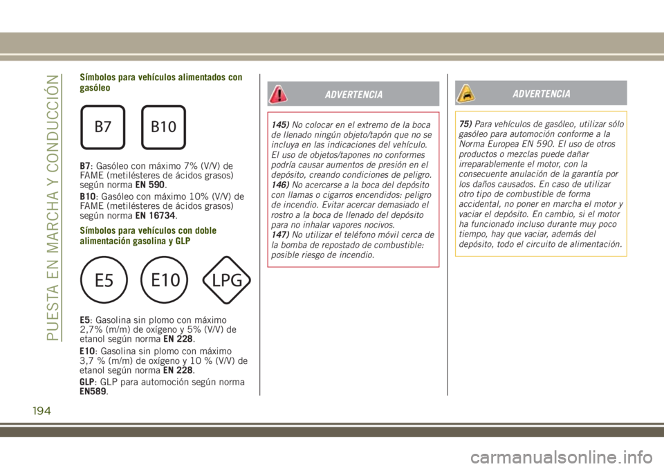 JEEP RENEGADE 2018 Manual de Empleo y Cuidado (in Spanish) Símbolos para vehículos alimentados con
gasóleo
B7: Gasóleo con máximo 7% (V/V) de
FAME (metilésteres de ácidos grasos)
según normaEN 590.
B10: Gasóleo con máximo 10% (V/V) de
FAME (metilés JEEP RENEGADE 2018 Manual de Empleo y Cuidado (in Spanish) Símbolos para vehículos alimentados con
gasóleo
B7: Gasóleo con máximo 7% (V/V) de
FAME (metilésteres de ácidos grasos)
según normaEN 590.
B10: Gasóleo con máximo 10% (V/V) de
FAME (metilés