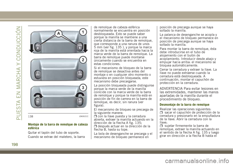 JEEP RENEGADE 2018 Manual de Empleo y Cuidado (in Spanish) Montaje de la barra de remolque de cabeza
esférica
Quitar el tapón del tubo de soporte.
Cuando se extrae del maletero, la barrade remolque de cabeza esférica
normalmente se encuentra en posición
d JEEP RENEGADE 2018 Manual de Empleo y Cuidado (in Spanish) Montaje de la barra de remolque de cabeza
esférica
Quitar el tapón del tubo de soporte.
Cuando se extrae del maletero, la barrade remolque de cabeza esférica
normalmente se encuentra en posición
d