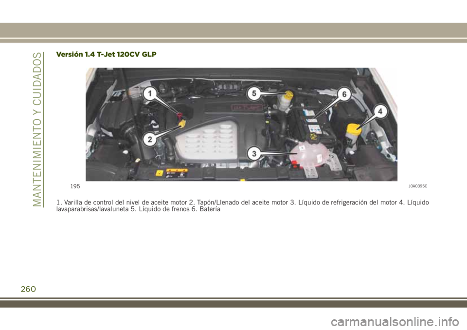 JEEP RENEGADE 2018  Manual de Empleo y Cuidado (in Spanish) Versión 1.4 T-Jet 120CV GLP
1. Varilla de control del nivel de aceite motor 2. Tapón/Llenado del aceite motor 3. Líquido de refrigeración del motor 4. Líquido
lavaparabrisas/lavaluneta 5. Líquid
