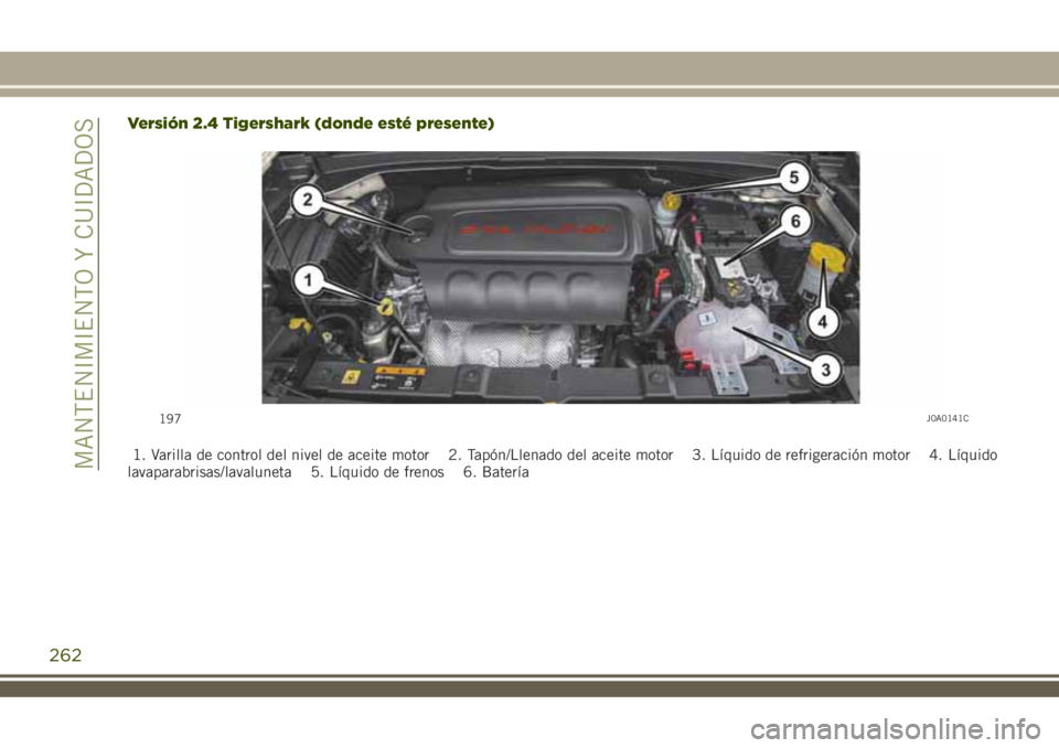 JEEP RENEGADE 2018  Manual de Empleo y Cuidado (in Spanish) Versión 2.4 Tigershark (donde esté presente)
1. Varilla de control del nivel de aceite motor 2. Tapón/Llenado del aceite motor 3. Líquido de refrigeración motor 4. Líquido
lavaparabrisas/lavalun